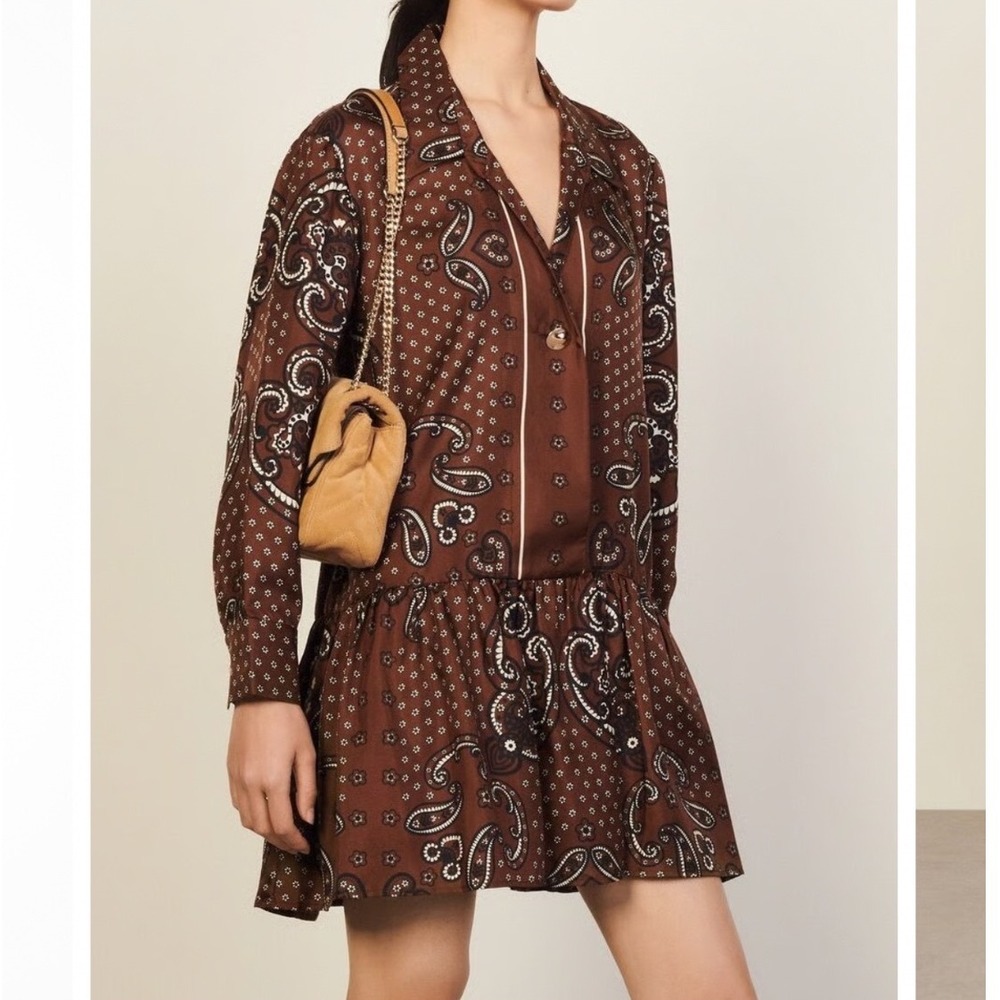 NWT Sandro Aurelie Paisley Silk Shirt Dress Brown Bandana Print Ruffle 40 L